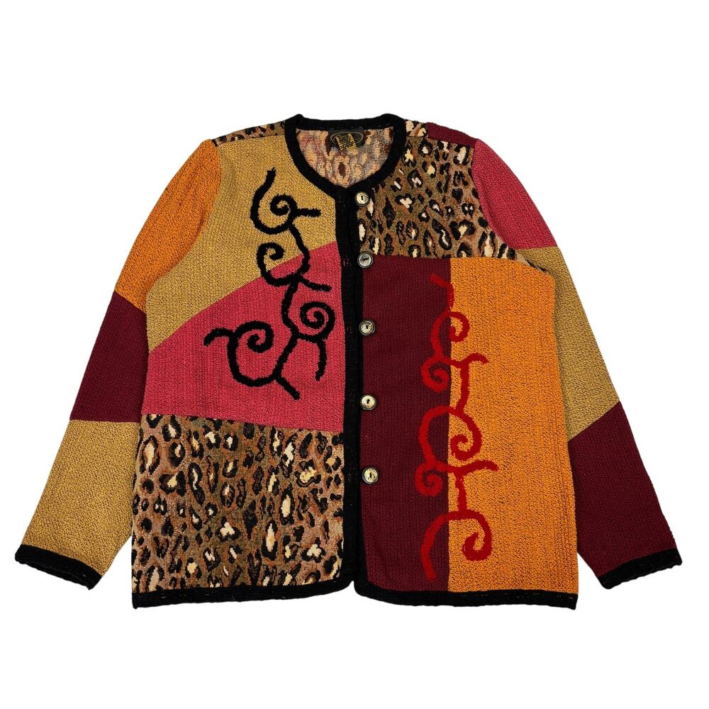 Vintage Alex Kim Knit Colorblock Cardigan Women's Large Sweater Cheetah Art